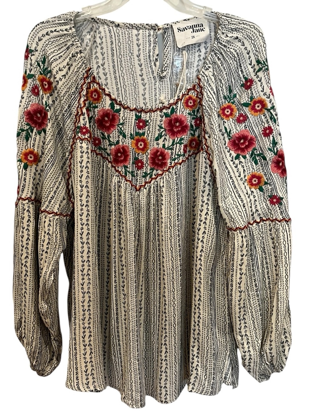 Savanna Jane new Cream Peasant Blouse with Red Floral Embroidery plus size 2X